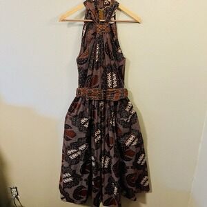 The Kollection VTG Halter Cotton Midi Dress Autumn Pockets Brown Farmcore Size 8